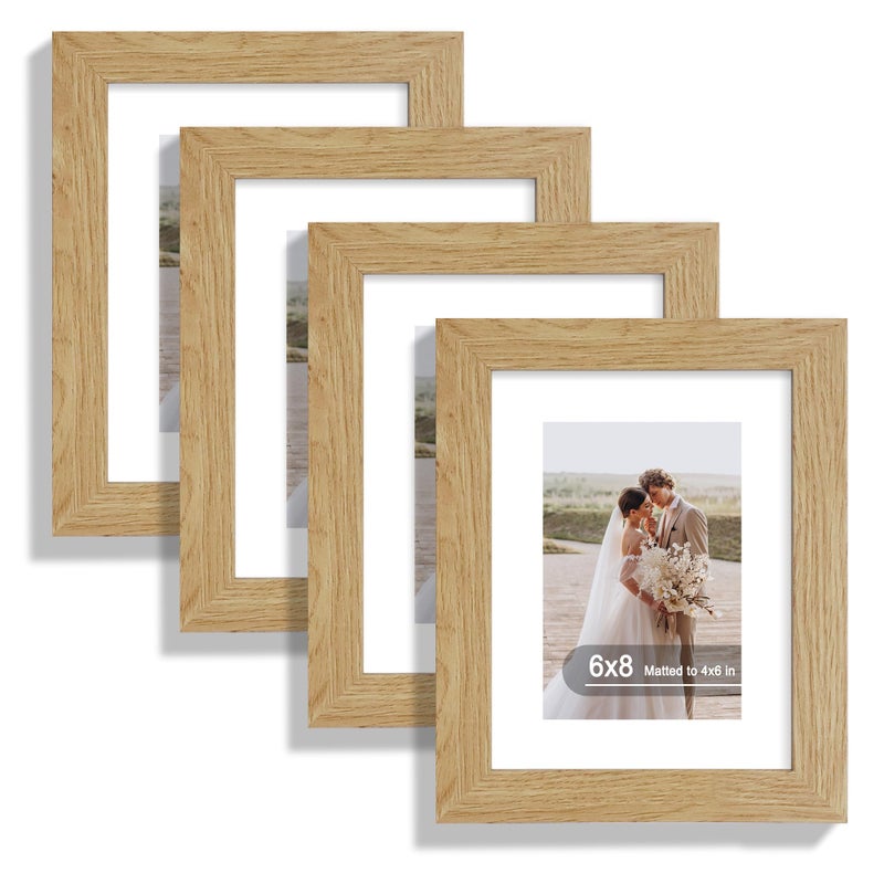 Hongkee 6x8 Picture Frame Set of 4, Made of Real Glass and Natural Oak Frame - Display Picture 4x6 with Mat or 6x8 Without Mat, 6 by 8 Photo for Wall or Tabletop - Image 1